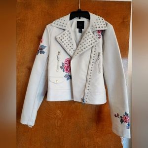 Faux leather jacket white with flowers